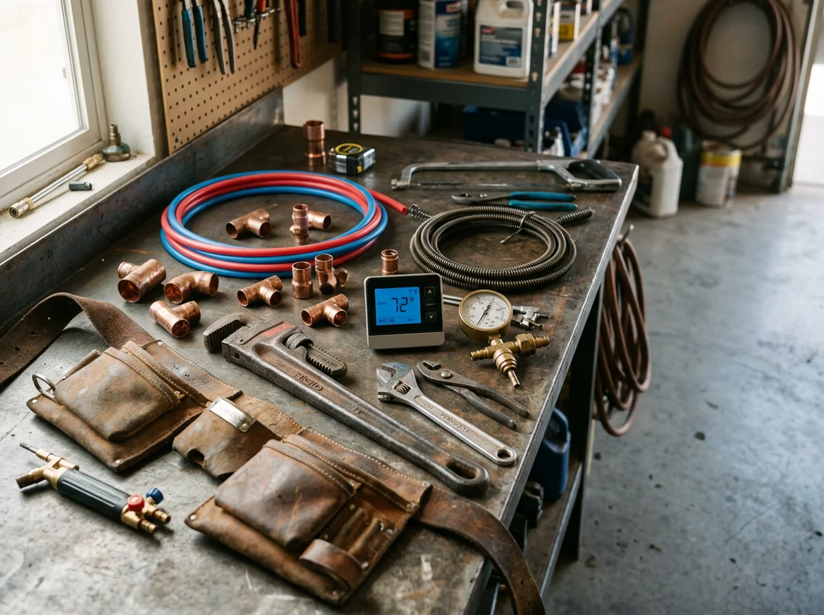 Plumbing tools and equipment arranged on a work surface, representing the range of services from water heater installation to drain snaking.
