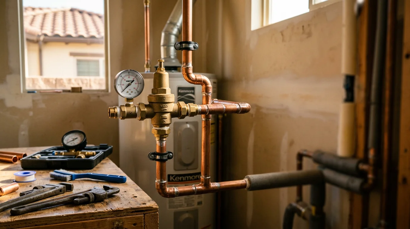 Pressure regulator installation for home plumbing system