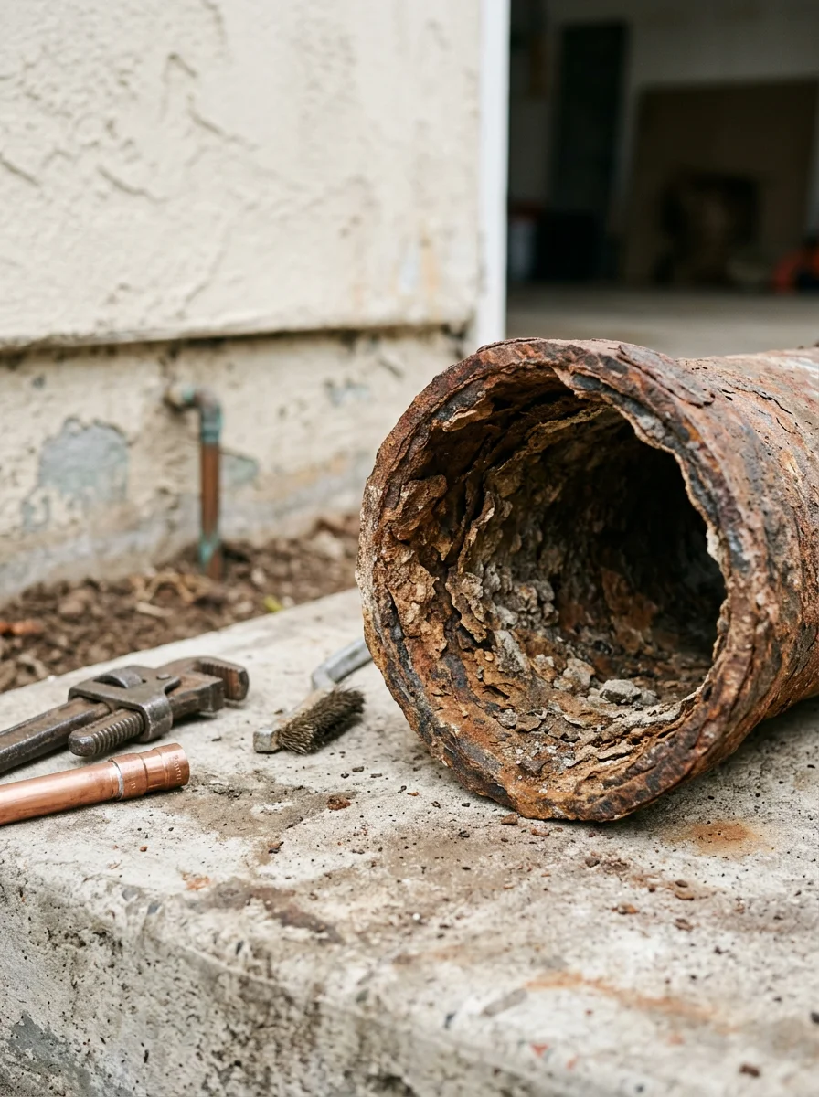 Old cast iron drain pipe section removed from a Clairemont Mesa mid-century home slab, showing cracks and internal scale buildup.