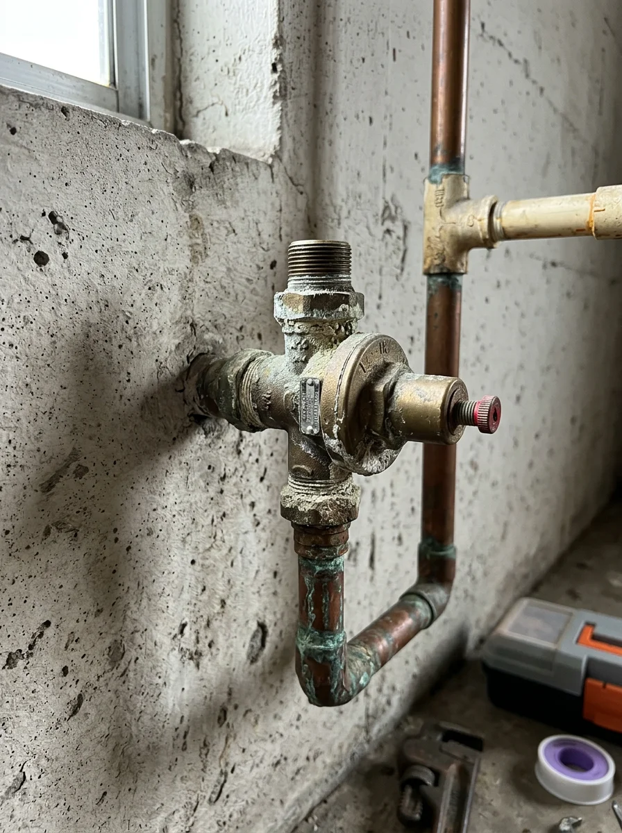 Close-up of a pressure regulator valve on a Kearny Mesa home's main supply line, showing mineral scale buildup on the fitting.