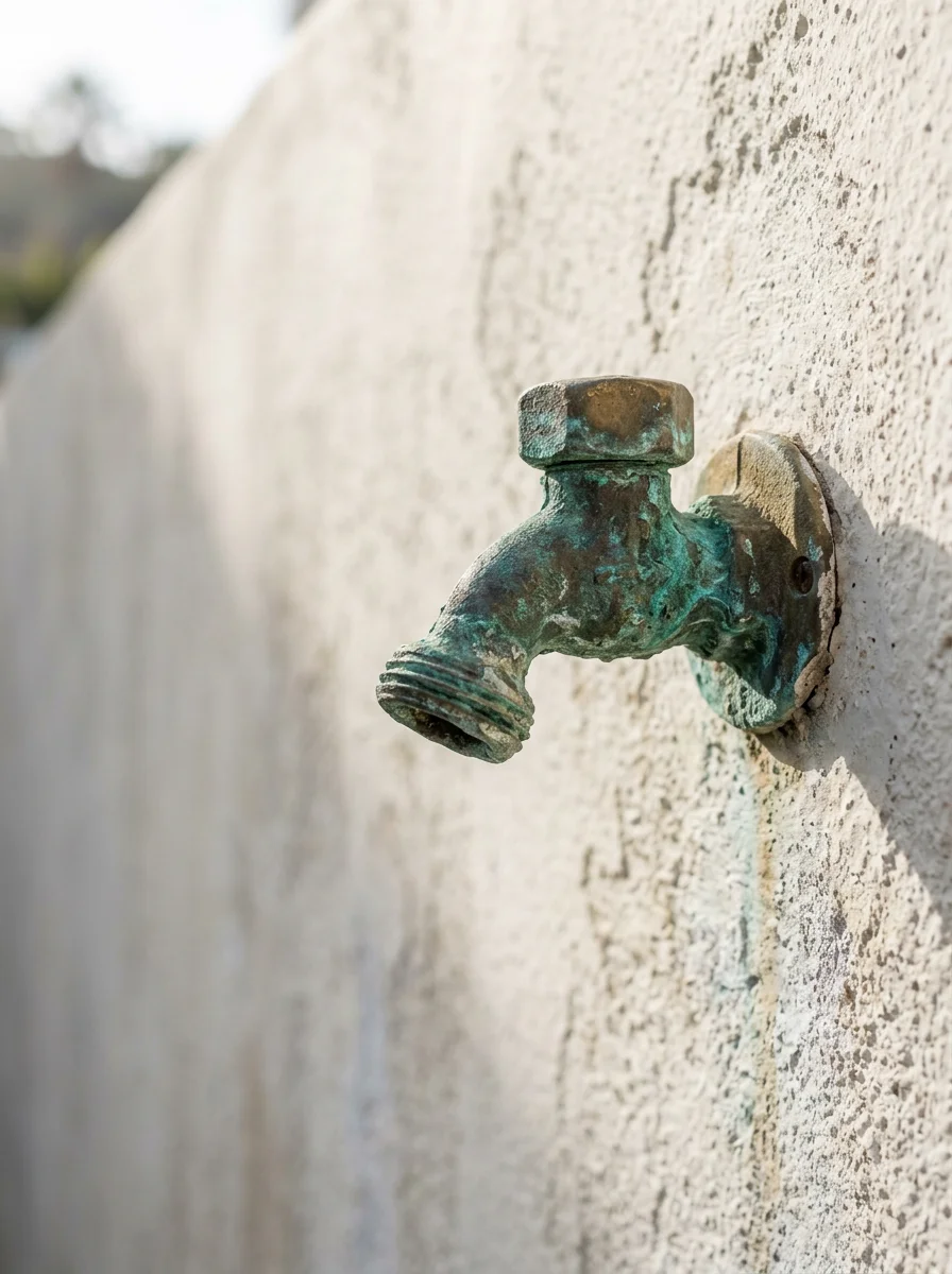 Corroded brass hose bibb on the exterior wall of a La Jolla coastal home, showing pitting from ocean salt air exposure.
