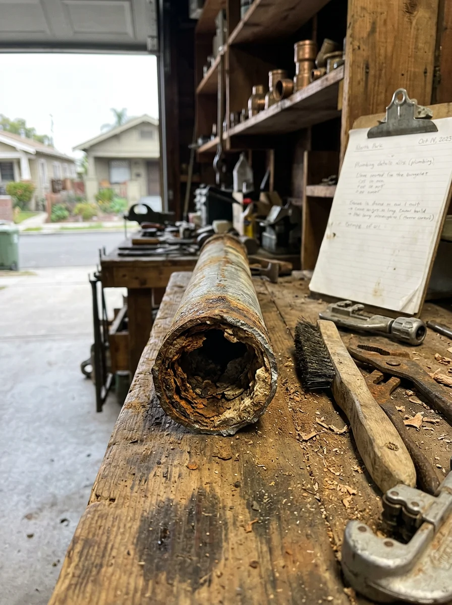 Corroded galvanized steel pipe section removed from a North Park older home, showing heavy internal rust and mineral scale buildup.