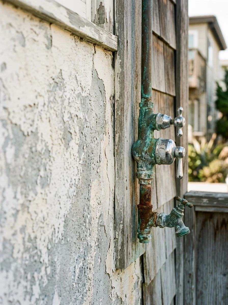 Corroded outdoor shower valve on a Pacific Beach beach cottage, showing salt-air pitting on the chrome and brass fittings.