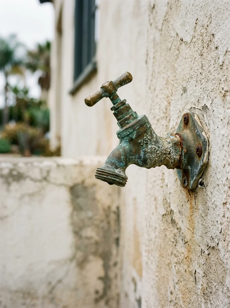 Close-up of a corroded outdoor hose bibb on a San Diego coastal home showing salt-air pitting on the brass fitting.