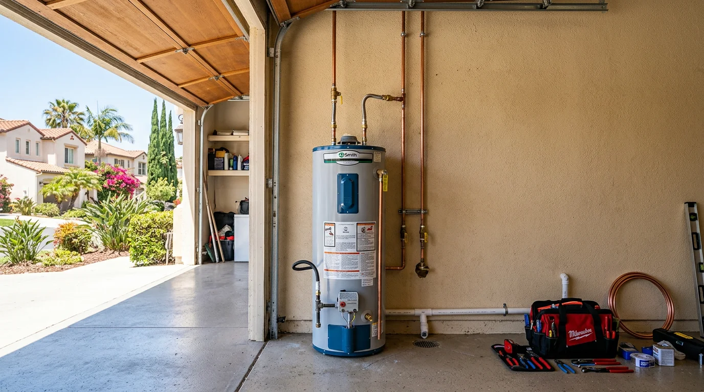 A plumber replacing a water heater in a San Diego residential garage, with copper supply lines visible against a stucco wall.