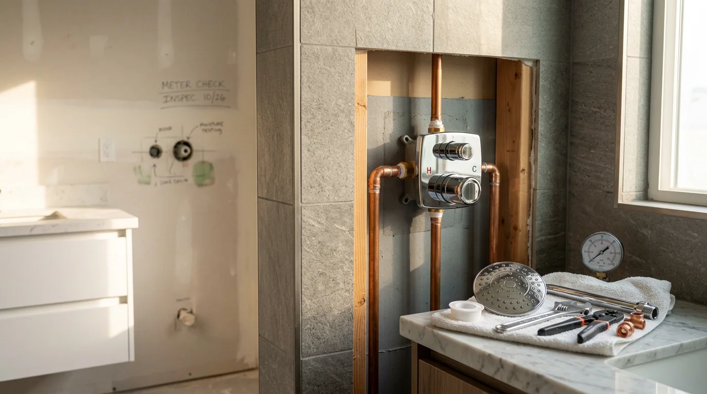 A newly installed bathroom vanity sink and faucet in a San Diego home, with clean supply line connections and a finished countertop surround. A plumber from Blue Diamond Plumbing And Mechanical completes a final check on the fixture connections.