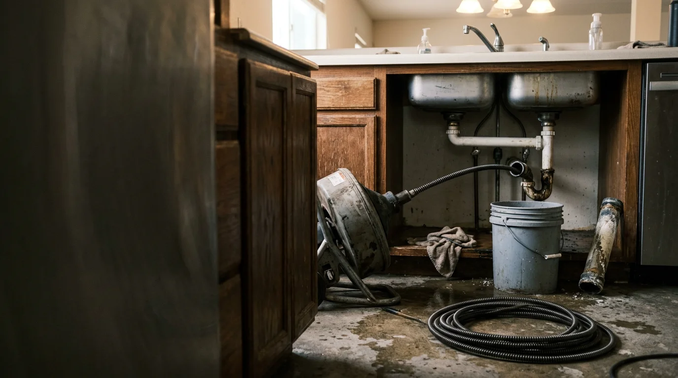 A plumber using a professional drain snake to clear a blocked kitchen sink drain in a San Diego home. The technician feeds the cable into the drain line to remove a grease and debris clog.
