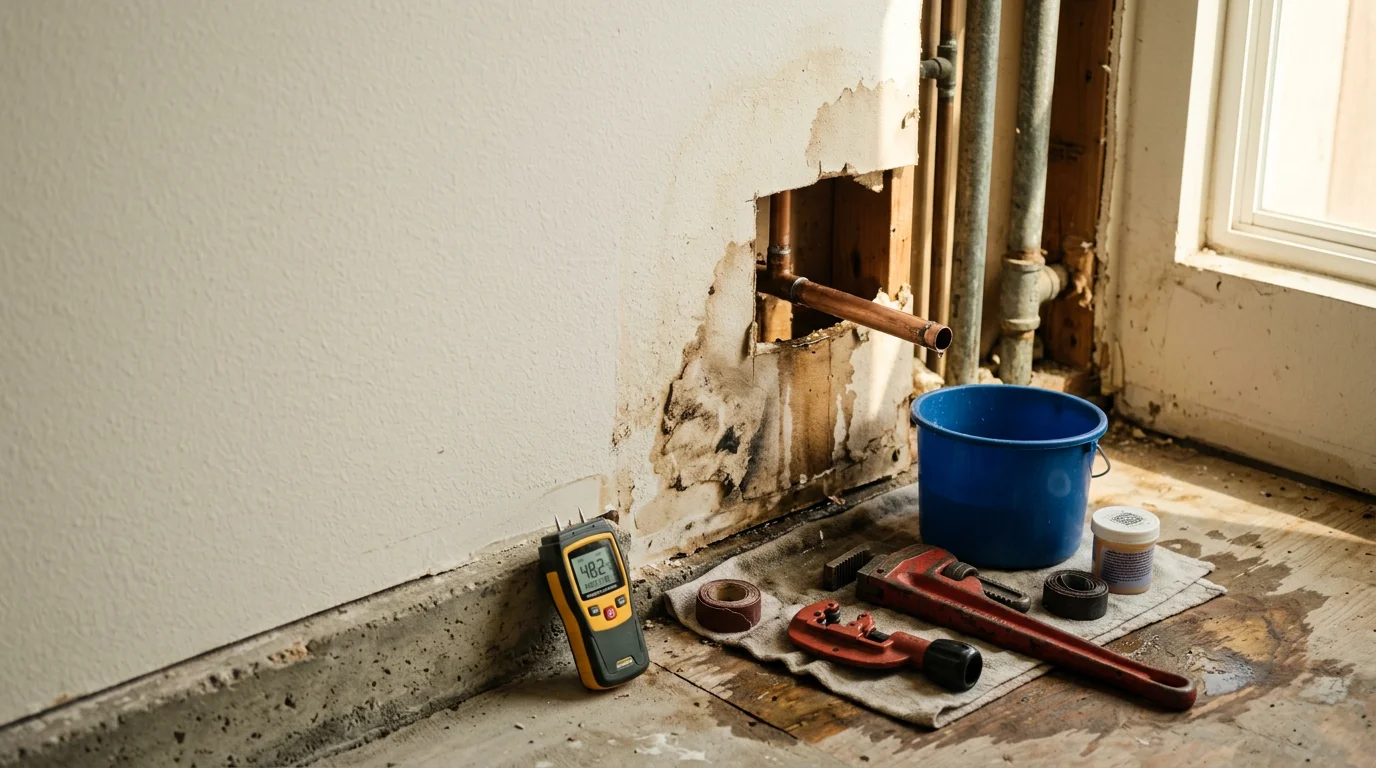 A plumber repairing a burst pipe beneath a kitchen sink in a San Diego residential home. Water damage is visible on the cabinet interior, showing an active emergency plumbing repair in progress.