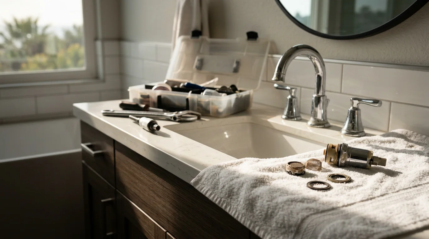 A plumber from Blue Diamond Plumbing And Mechanical installing a new kitchen faucet under a sink in a San Diego home. The work area shows clean supply line connections and a properly seated fixture ready for use.