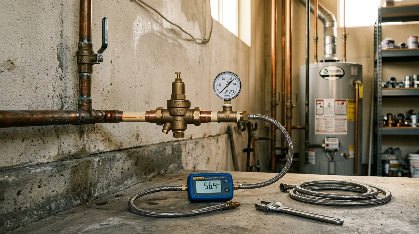 A brass pressure-reducing valve installed on a residential main water line inside a San Diego home. The PRV sits just after the main shutoff valve with supply piping visible on both sides.