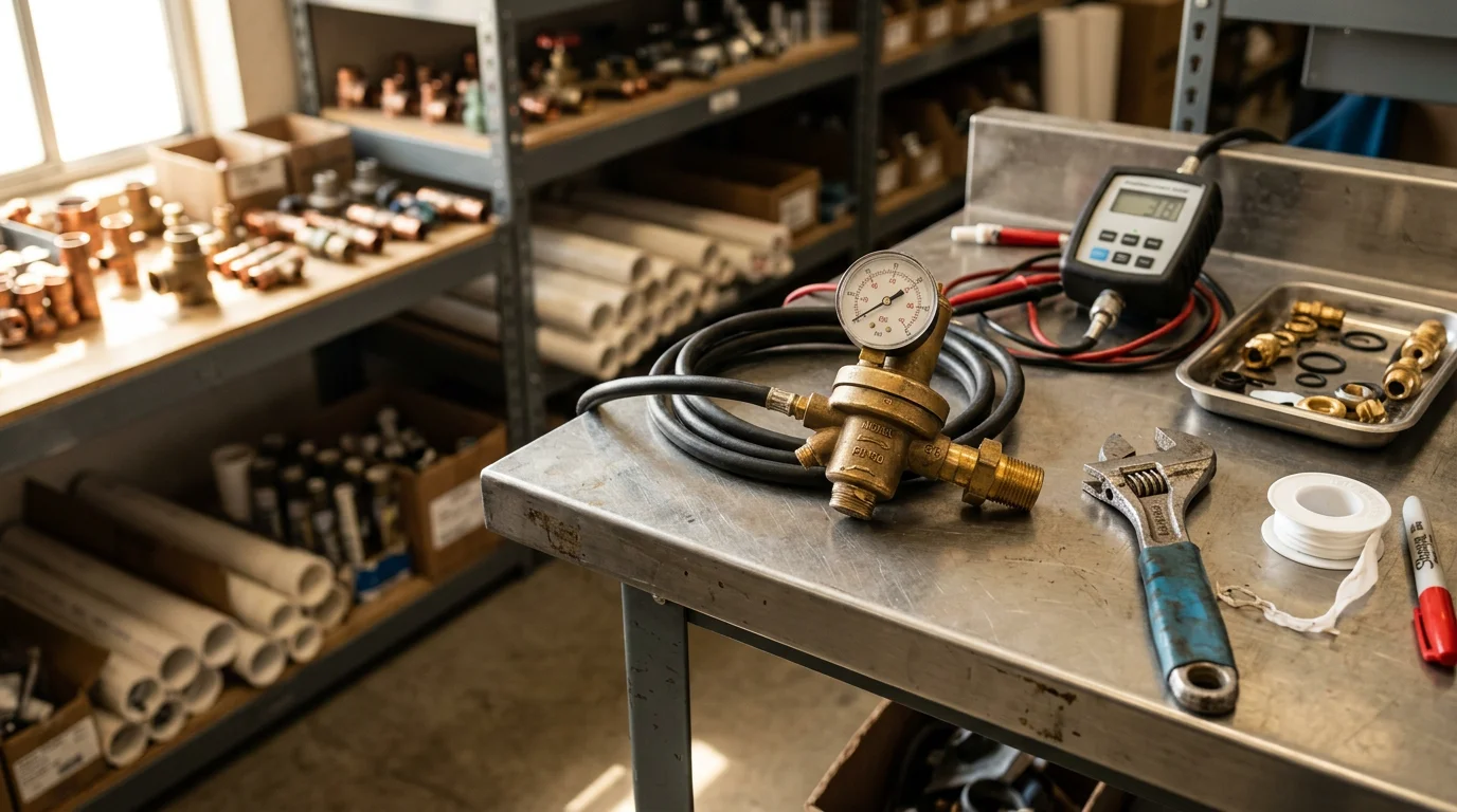 A plumber inspecting and replacing a pressure regulator valve on the main water line inside a San Diego home. The repaired PRV is mounted neatly on exposed copper pipe near the water shutoff.