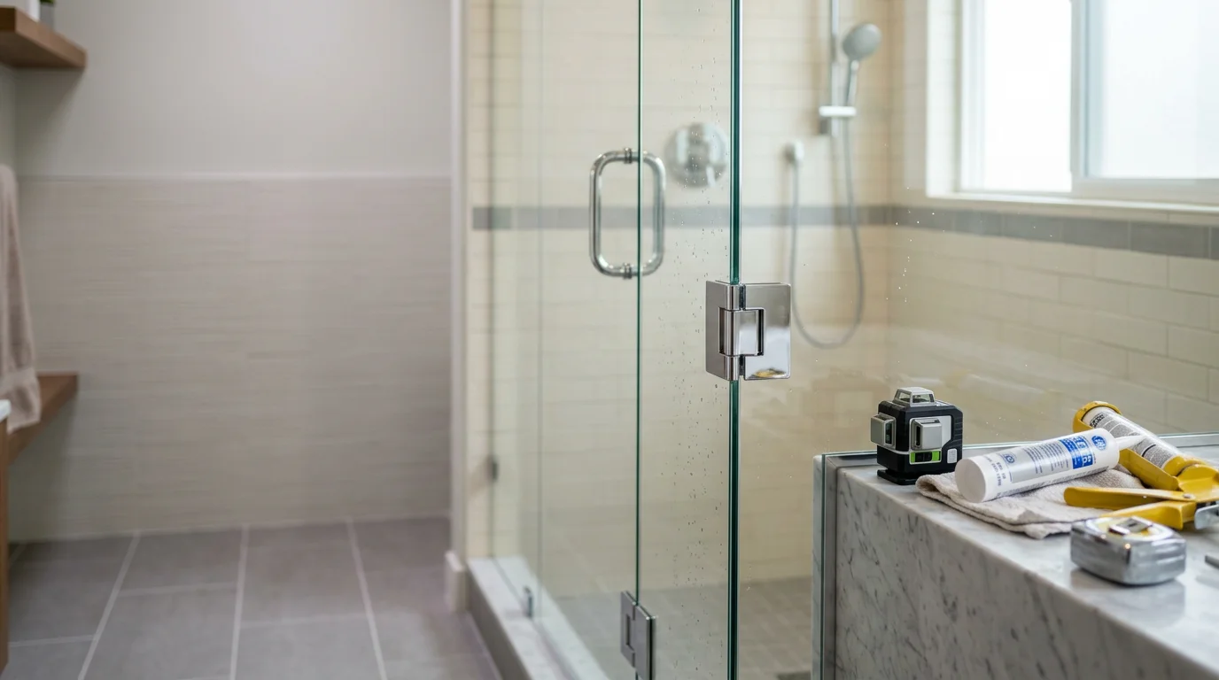 A clear glass shower door freshly installed in a San Diego bathroom, showing clean hardware alignment and a tight seal along the door frame. The bathroom features a tiled shower enclosure typical of homes found across neighborhoods like North Park and Clairemont Mesa.