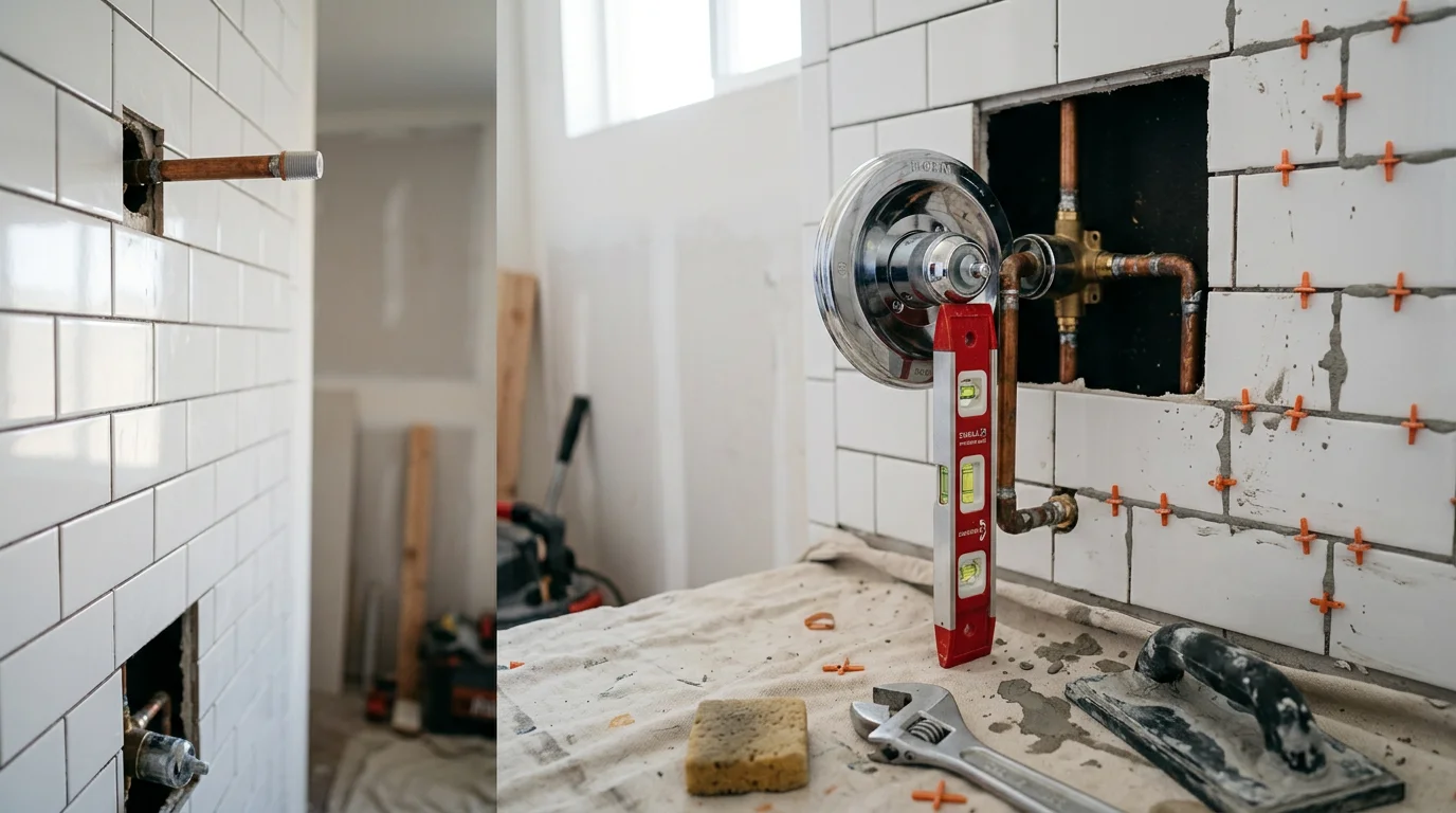 A newly installed walk-in shower with plumbing connections completed in a San Diego home bathroom. Clean supply lines, a properly sloped drain, and a finished valve setup are visible in the tiled shower space.