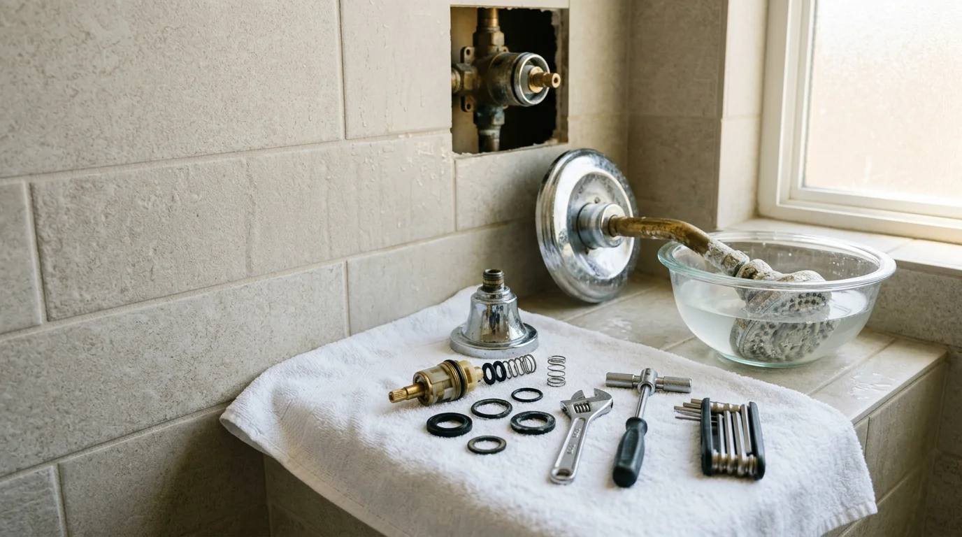 A plumber repairing a shower valve inside a residential bathroom in San Diego. The wall access panel is open, exposing the valve body and supply lines during a professional repair service.
