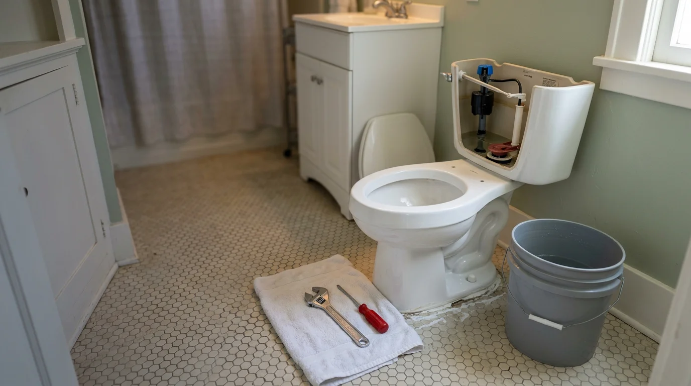 A plumber inspecting the base of a toilet in a San Diego bathroom, checking the wax ring seal and supply line connection during a toilet repair service call.
