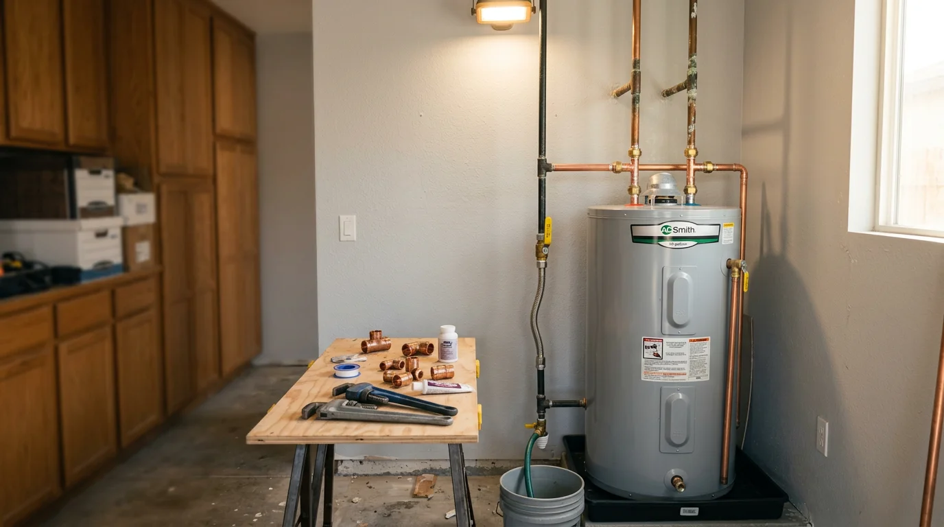 A plumber inspecting a tank-style water heater inside a San Diego home utility closet. The unit shows signs of mineral buildup consistent with the area's hard water conditions.
