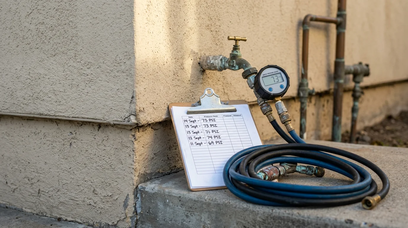 A plumber attaching a pressure gauge to an outdoor hose bib at a residential property in San Diego to test water pressure. The gauge dial is visible, showing a PSI reading during a diagnostic inspection.